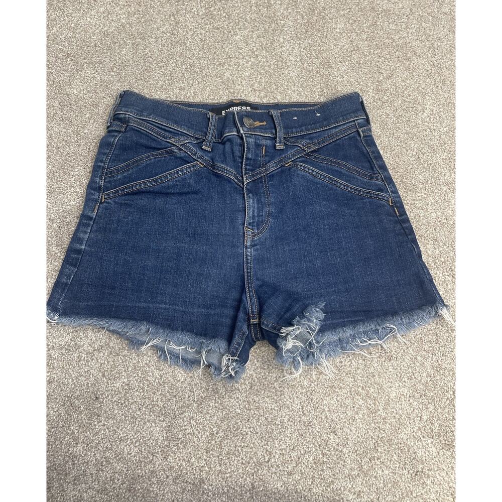 Y2K style dark indigo Shortie Vintage Super High Rise Denim Shorts 2 Frayed Hem